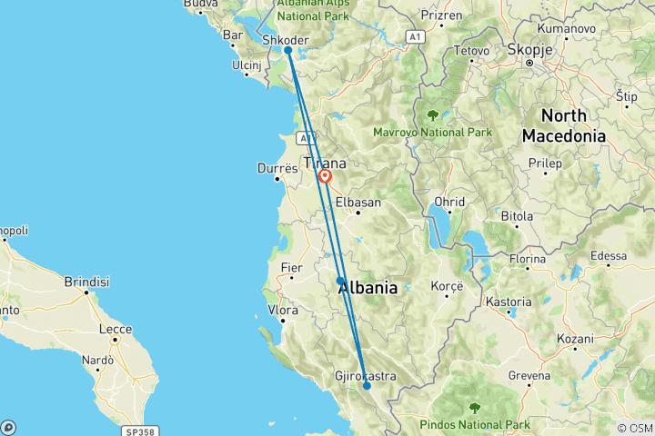 Karte von Albanien von Nord nach Süd in 4 Tagen Tour mit engagiertem Reiseleiter und Auto