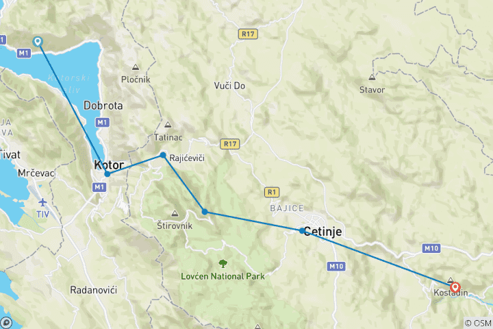 Carte du circuit Aventure de randonnée autoguidée au Monténégro : La baie de Kotor et le lac Skadar hors des sentiers battus