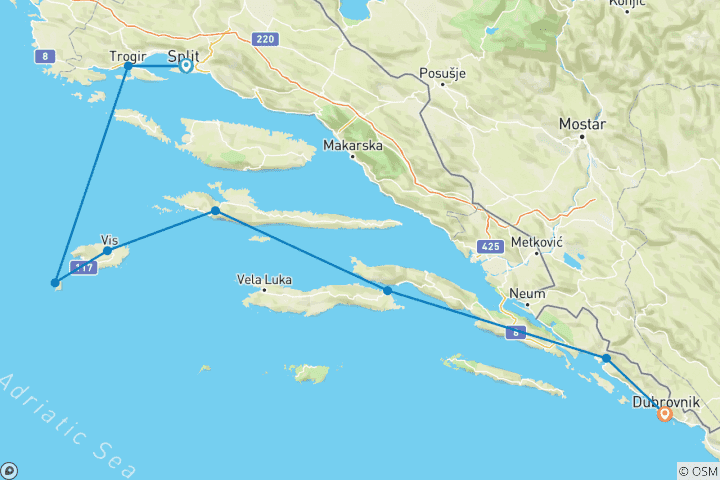 Carte du circuit Croisière aller simple de Split à Dubrovnik MS Arca 2025