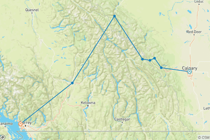 Map of 8-Day Winter Via Experience (Jasper To Vancouver) Vacation Package (Calgary To Vancouver)