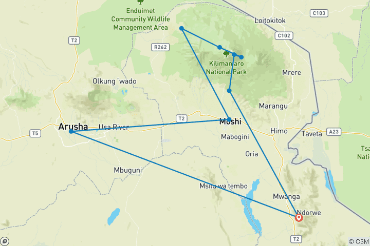 Carte du circuit Mont Kilimandjaro - Route Londorossi