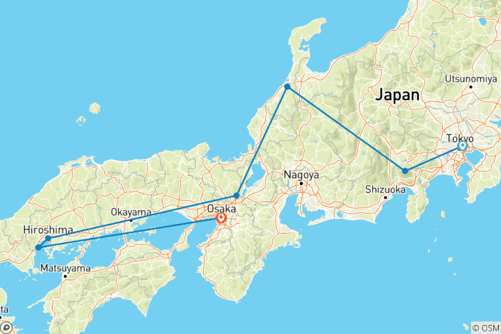 Carte du circuit Essentiel Japon : 13 jours Tokyo, Kyoto, Osaka, Kanazawa, Hiroshima (sur mesure)