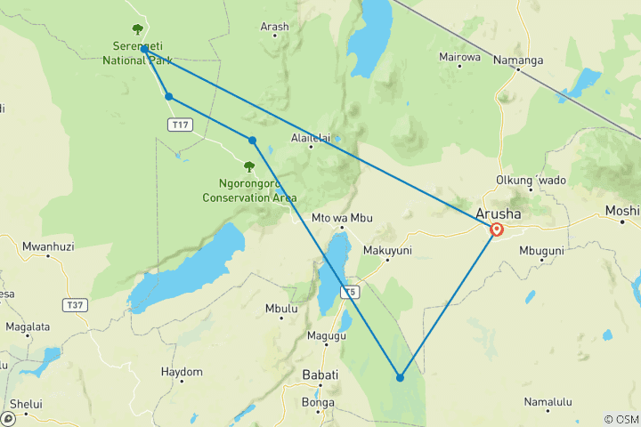 Mapa de Desde Arusha: Safari en coche y en avión - Tarangire y Serengeti