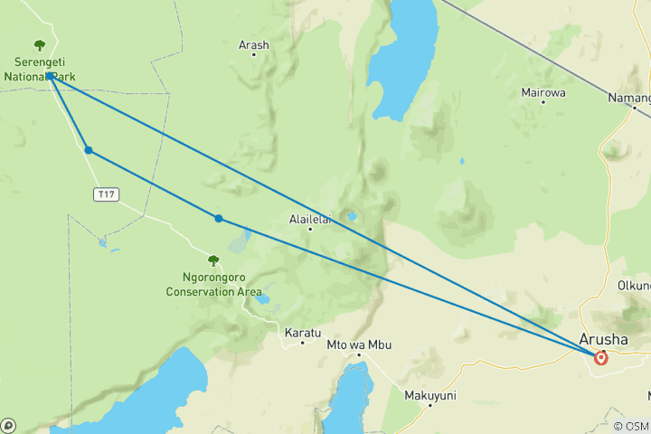 Mapa de Un viaje por el cráter del Ngorongoro y el Parque Nacional del Serengeti