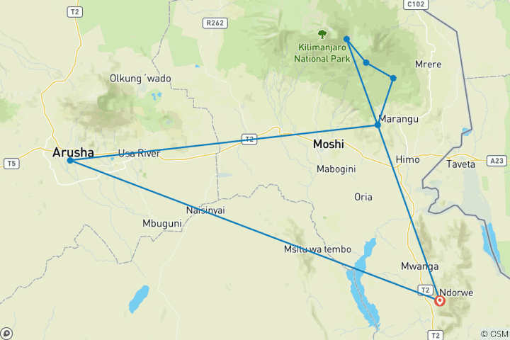 Carte du circuit Mont Kilimandjaro - Route de Marangu