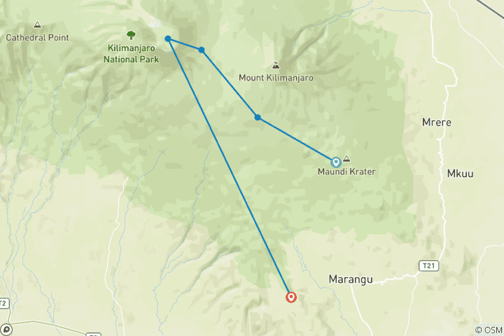 Carte du circuit Ascension du Kilimandjaro par la route Marangu - 5 jours + 1 jour d'hôtel.