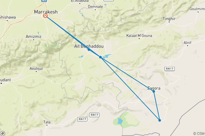 Map of Tour 2 Days 1 Night in Mhamid Desert from Marrakech