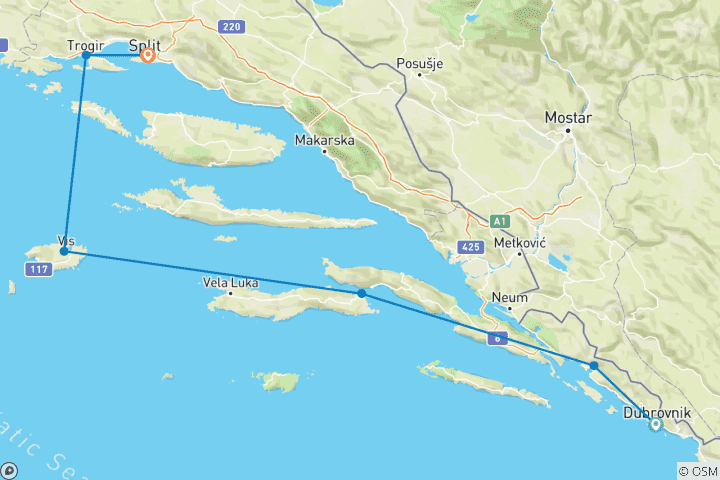 Carte du circuit Croisière aller simple de Dubrovnik à Split, MS Desire 2025