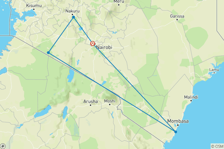 Mapa de Safari de 9 días de la sabana a la playa en Kenia