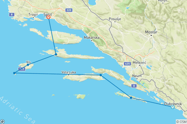 Kaart van Enkele reis Dubrovnik naar Split, MS My Way 2025