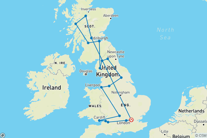 Map of England and Scotland (From March 2025, End London, 11 Days)