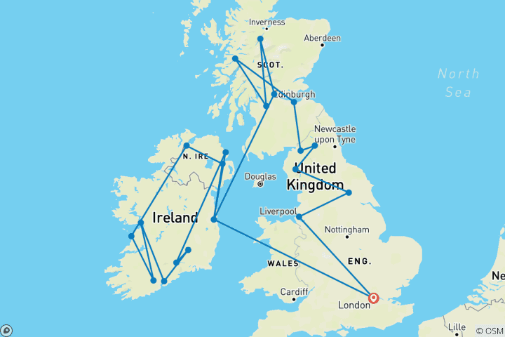 Karte von Großbritannien und Irland 16 Tage (23 Destinationen)