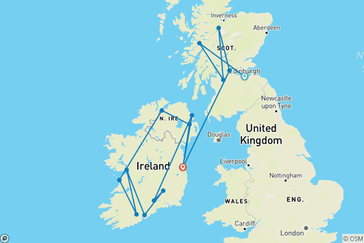 Karte von Schottland und Irland - 13 Tage (16 Destinationen)