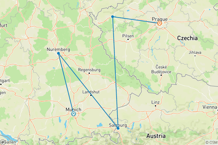 Map of 8 Day Munich, Nuremburg, Salzburg, and Prague by Train