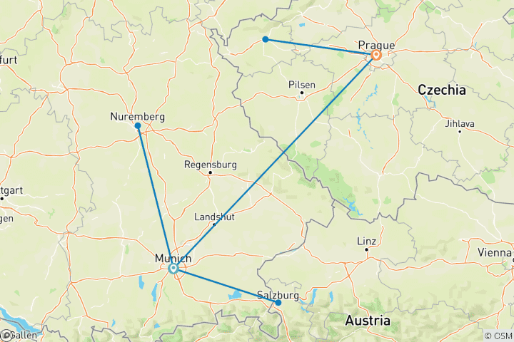 Karte von München, Nürnberg, Salzburg und Prag mit dem Zug 8 Tage