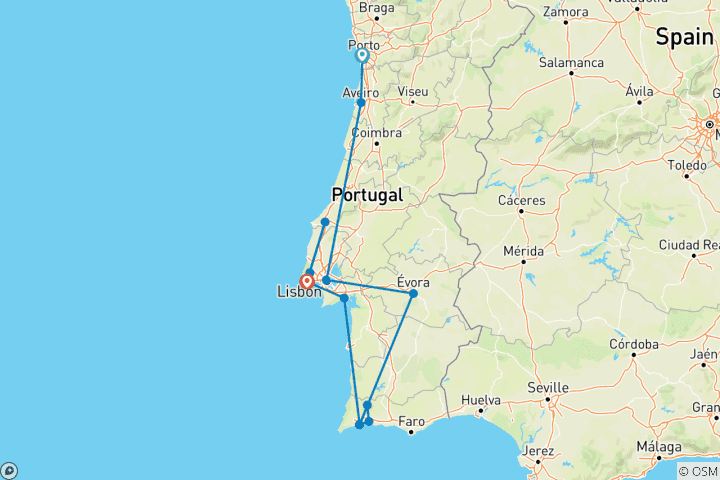Carte du circuit Portugal ensoleillé avec Porto (Porto à Cascais)
