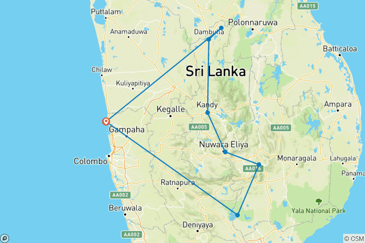 Map of 03 Days Tour to Sigiriya, Kandy, Nuwara Eliya, Ella & Udawalawe