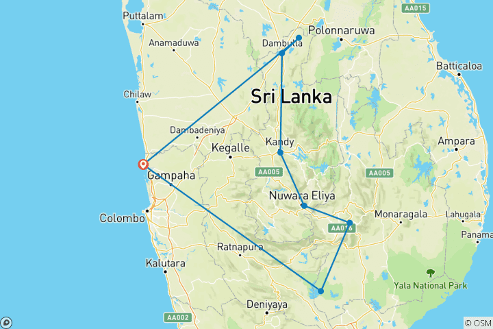 Map of 03 Days Tour to Sigiriya, Kandy, Nuwara Eliya, Ella & Udawalawe