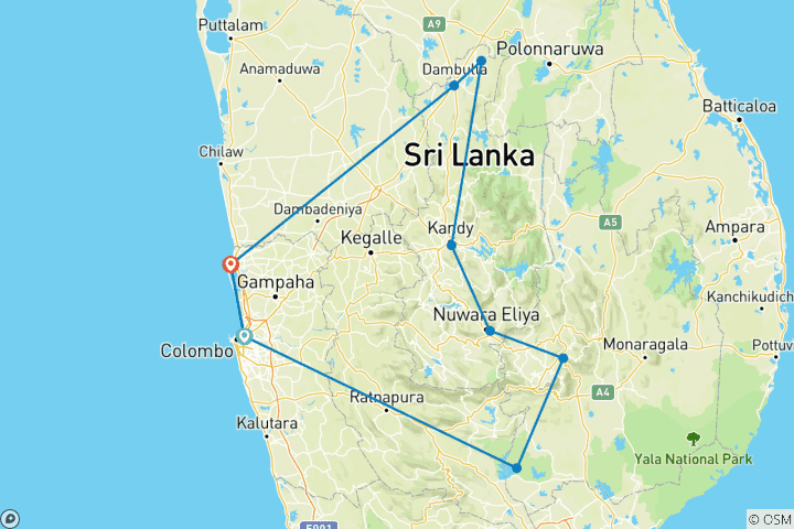 Mapa de Circuito de 3 días por lo más destacado de Sri Lanka: Sigiriya, Kandy, el tren de Ella y el safari de Udawalawe