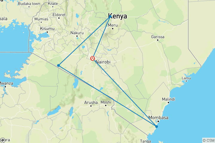 Kaart van 11 dagen STAD, ZON, BUSH&STRANdagenKenIA VLIEGSAFARI