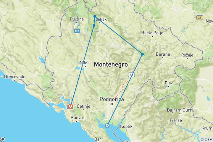 Map of Montenegro Self Guided Multiactivity Adventure inc. hiking, cycling, rafting, kayaking