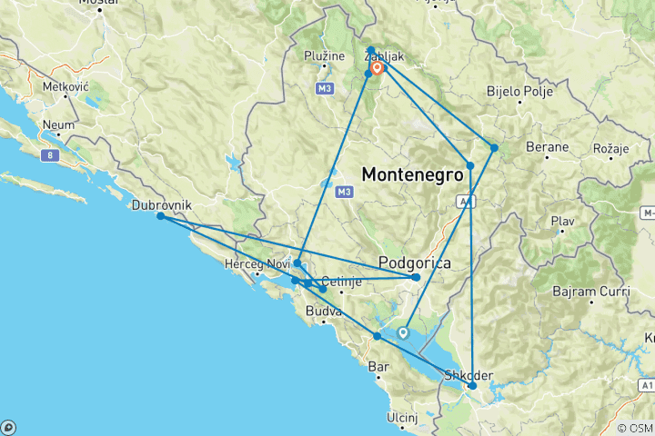 Carte du circuit Best of Montenegro - Aventure multiactivité autoguidée comprenant la randonnée, le cyclisme, le rafting, le kayak
