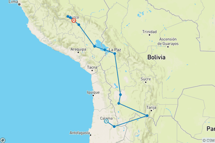 Map of 15 Days South American Wonders: Chile, Bolivia & Peru