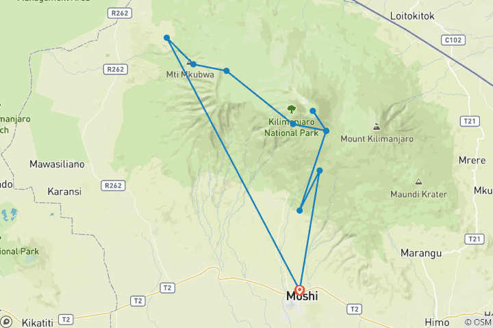 Karte von Kilimandscharo Besteigung über die Lemosho Route 8 Tage