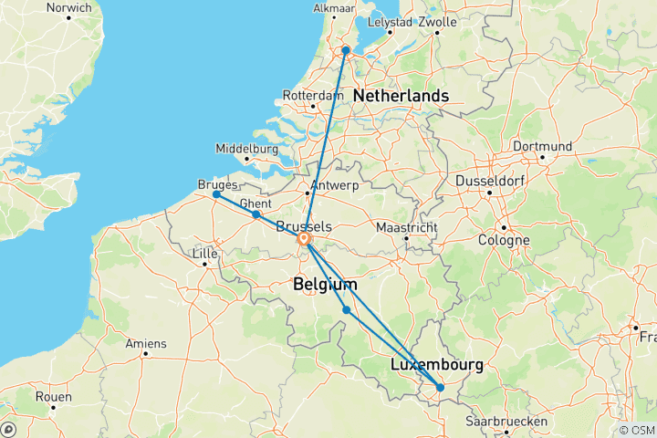 Map of 6 Day Belgium including Brussels, Luxemburg, and Amsterdam