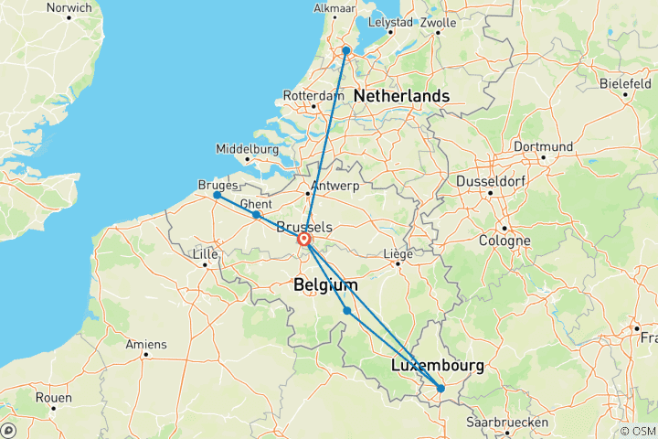 Carte du circuit Belgique avec Bruxelles, Luxembourg et Amsterdam - 6 jours