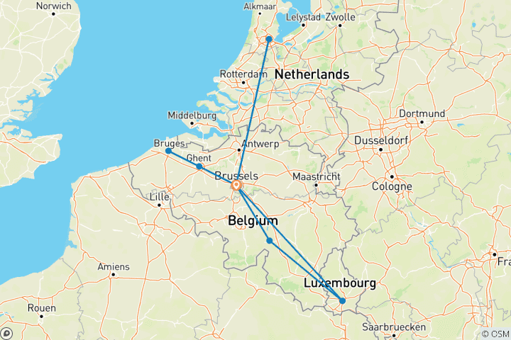 Carte du circuit Belgique avec Bruxelles, Luxembourg et Amsterdam - 6 jours