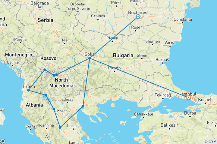 Carte du circuit De Bucarest à Istanbul Circuit découverte des Balkans et de la Grèce 1VOL INCLUS