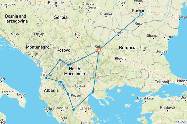 Map of From Bucharest to Sofia Balkan Discovery & Greece Tour