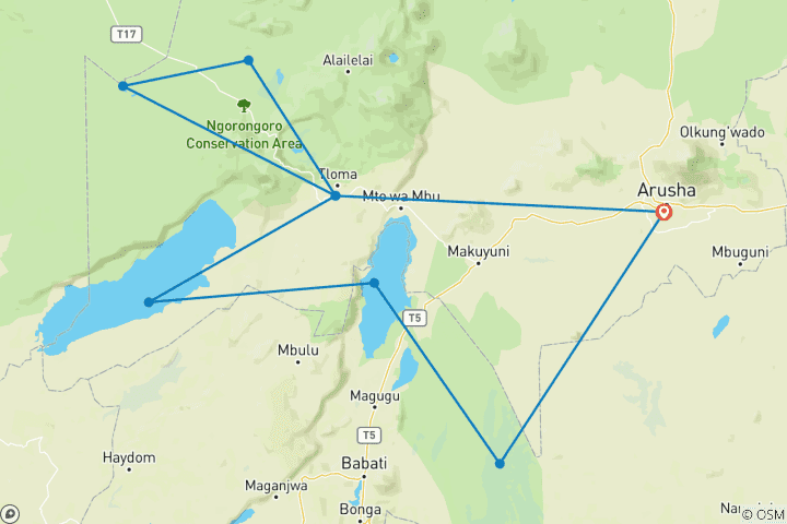 Kaart van Vanuit Arusha: 6-daagse privé-safari Oostelijke Grote Riftvallei