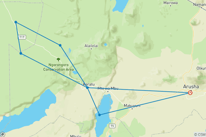 Kaart van Vanuit Arusha: 6-daagse klassieke gamedrive Serengeti & Ngorongoro