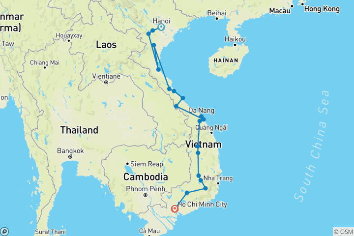 Map of Vietnam Motorbike Tour on Ho Chi Minh trails From Hanoi to Saigon via Central Highlands