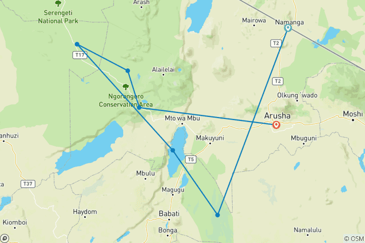 Map of Tanzania Week Safari (Tarangire, L.Manyara, Serengeti, Ngorongoro)