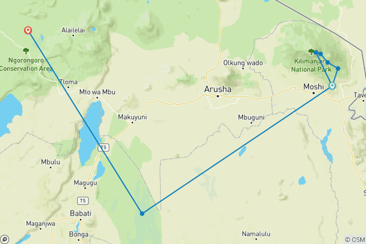 Map of Kilimanjaro Climbing Via Marangu Route 6 days + 2 days Safari