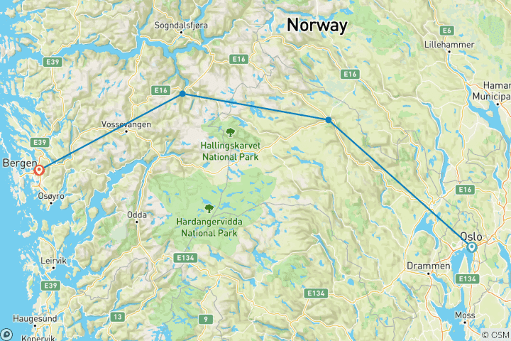 Map of Norwegian Fjords Escape (from Oslo to Bergen)