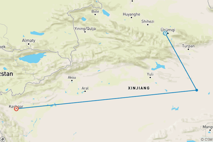 Map of Comfort 8-Day Xinjiang Tour: Urumqi, Tianchi, Turpan, Kashgar, Karakul, Taxkorgan