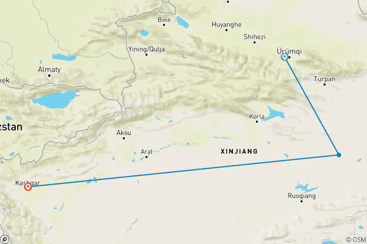 Karte von Xinjiang: Urumqi, Tianchi, Turpan, Kashgar, Karakul & Taxkorgan 8 Tage