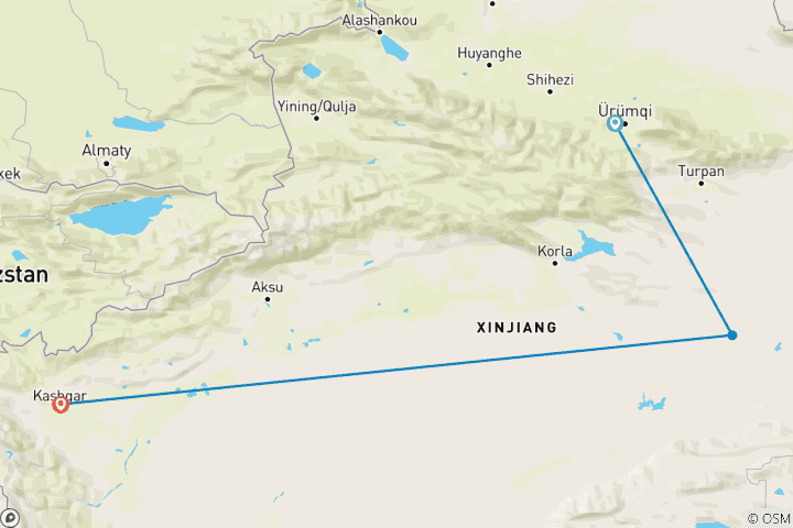 Carte du circuit Circuit confortable au Xinjiang (8 jours) : Urumqi, Tianchi, Turpan, Kashgar, Karakul, Taxkorgan