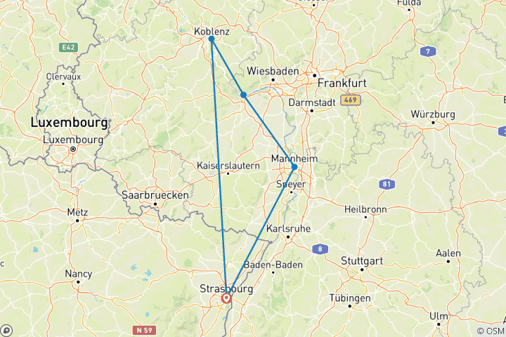 Map of The Romantic Rhine Valley and the Rock of Lorelei (port-to-port cruise) - BEETHOVEN