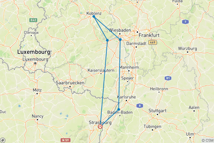 Carte du circuit La vallée romantique du Rhin et le rocher de la Lorelei (croisière port à port) - VICTOR HUGO