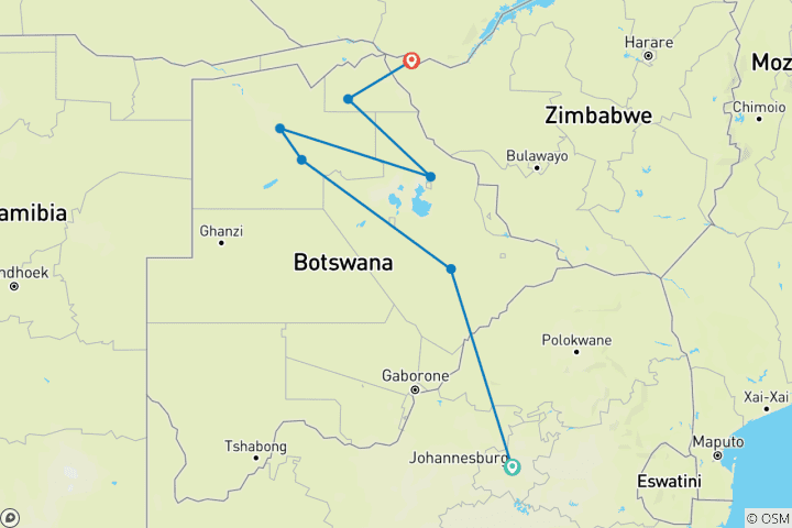 Map of Okavango Experience (from Johannesburg to Victoria Falls)