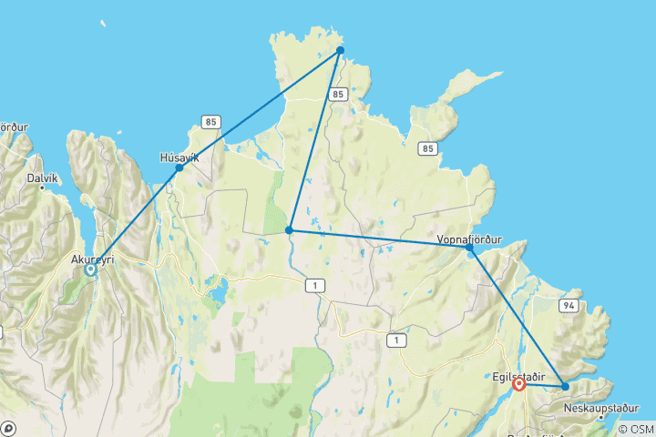 Map of Sailing Cruise and Discovery Tour in North-East Iceland