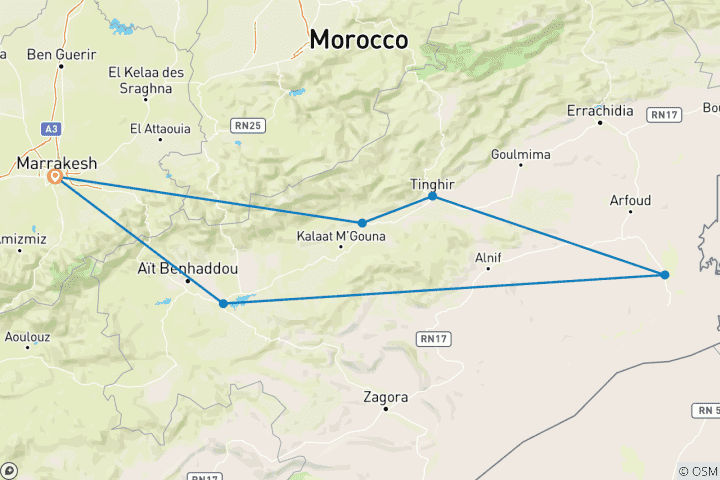 Map of 5 Days Tour from Marrakesh to Merzouga (Private)