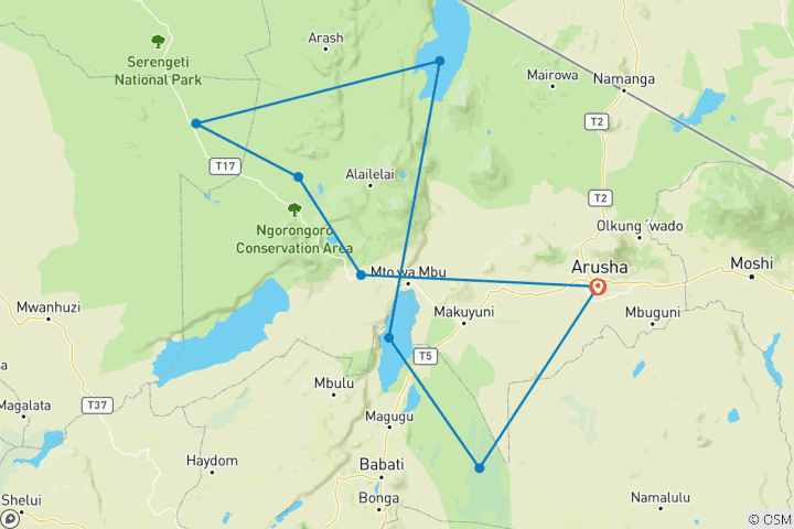 Carte du circuit Au départ d'Arusha : 9 jours de Safari Flexible Migration aller-retour Multi-Park Game Drive avec hébergement