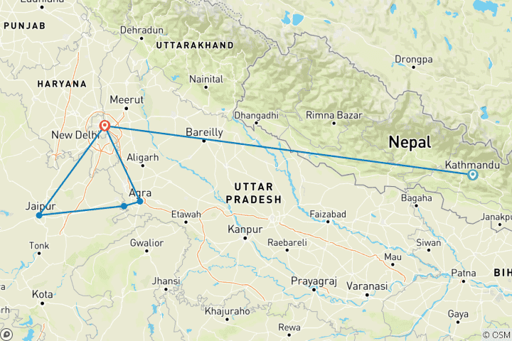 Map of Exploring the Best: 9-Day Highlights of Nepal and India Adventure(Private Custom)