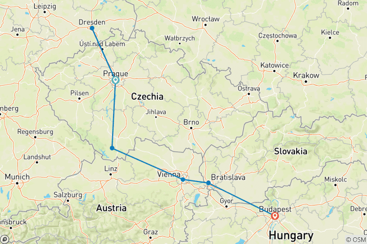 Karte von Europäische Weihnachtsmärkte mit Prag, Wien und Budapest (von Prag bis Budapest)